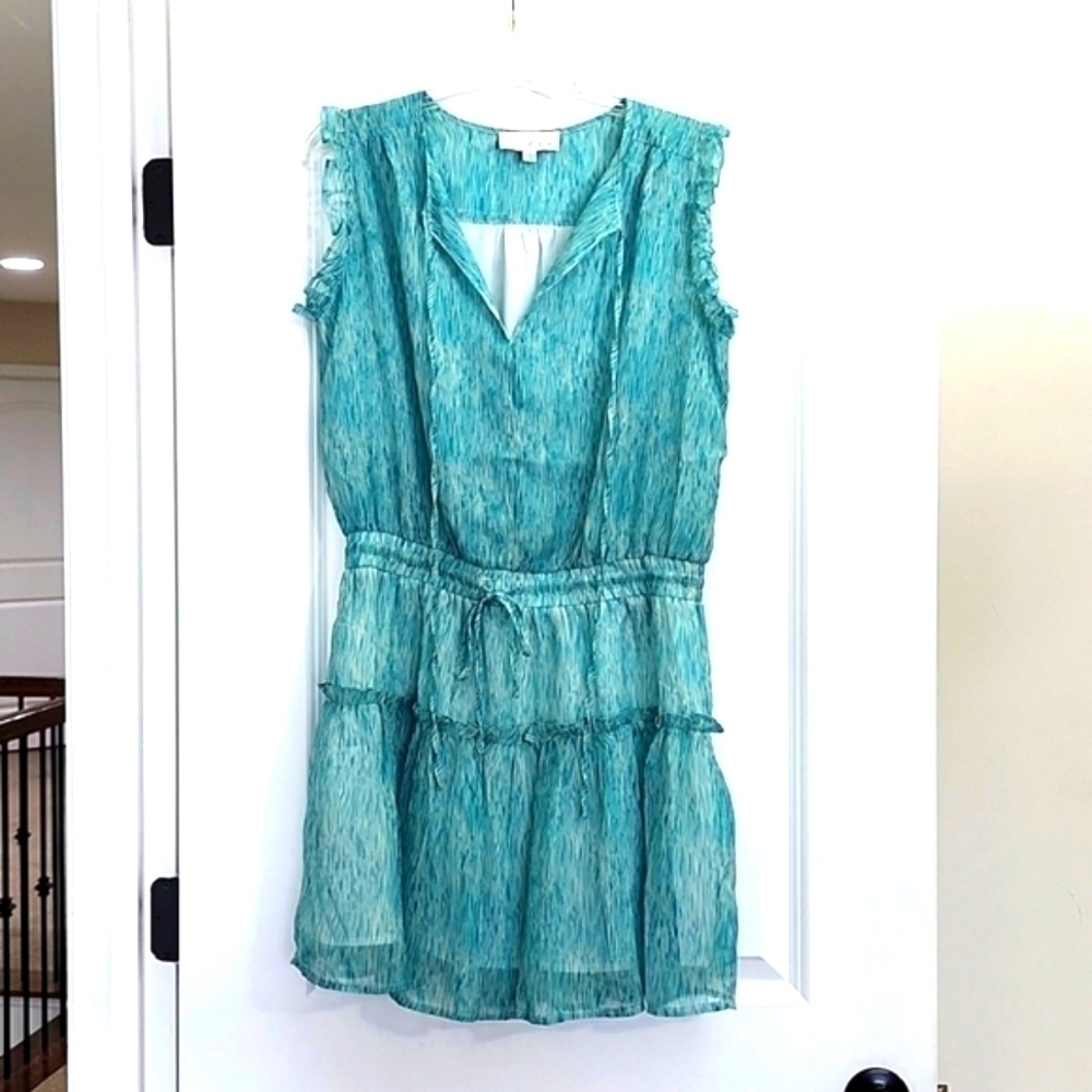 Pinch Green & White Ruffle Sleeve Tie Waist Minidress Size Medium